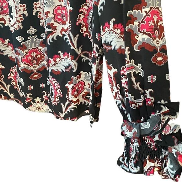 Kobi Halperin Sz M NWT Black Red Levi Ruffle Smocked Cuff Flowy 100% Silk Blouse - Picture 4 of 10